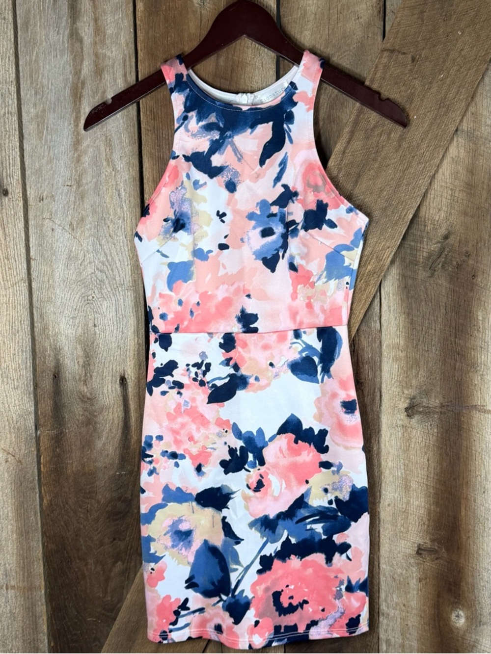 Floral Halter Bodycon Dress in Pink and Navy Size Small